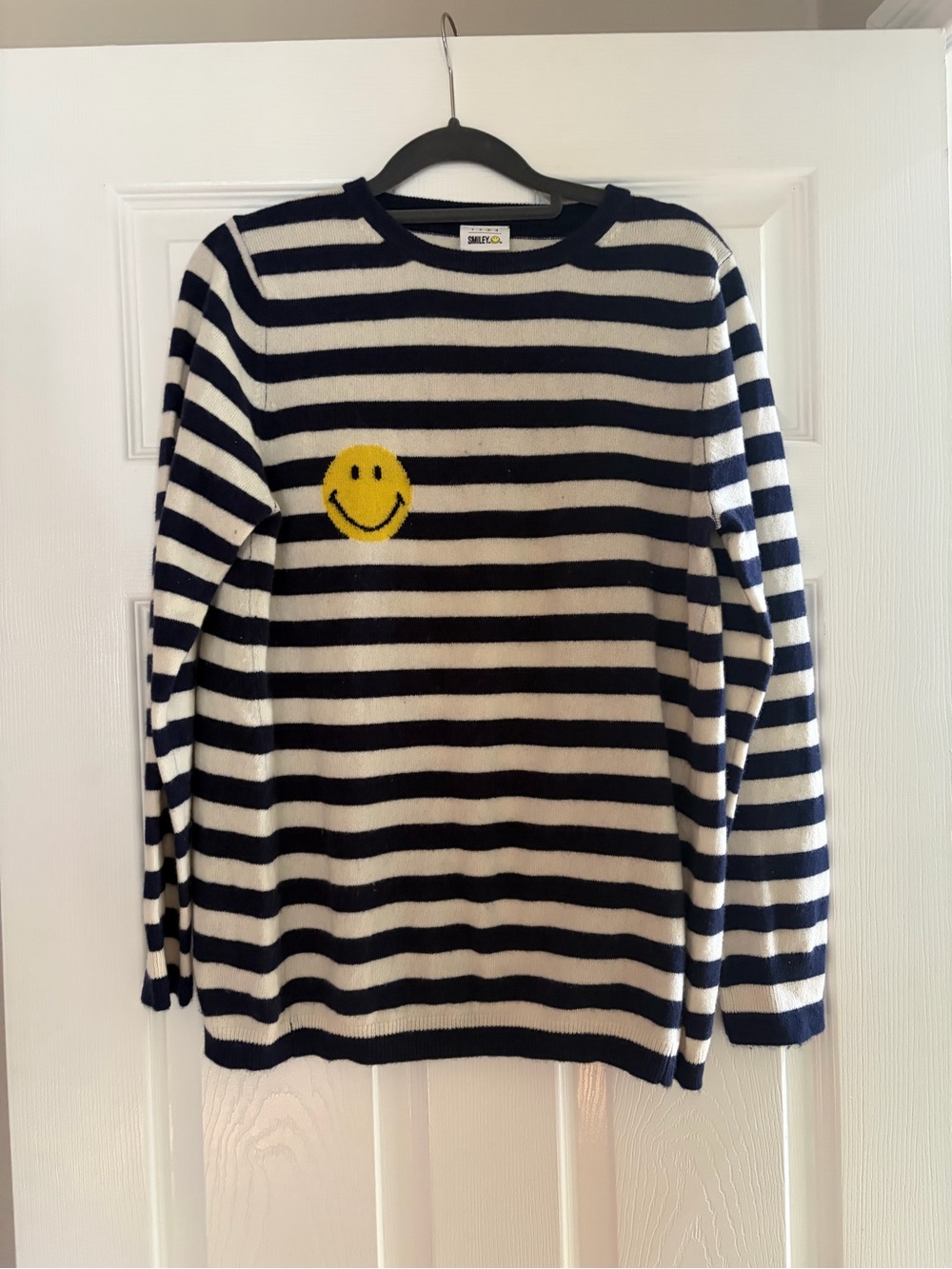 Striped Navy & White Crewneck Sweater with Yellow Smile Patch
